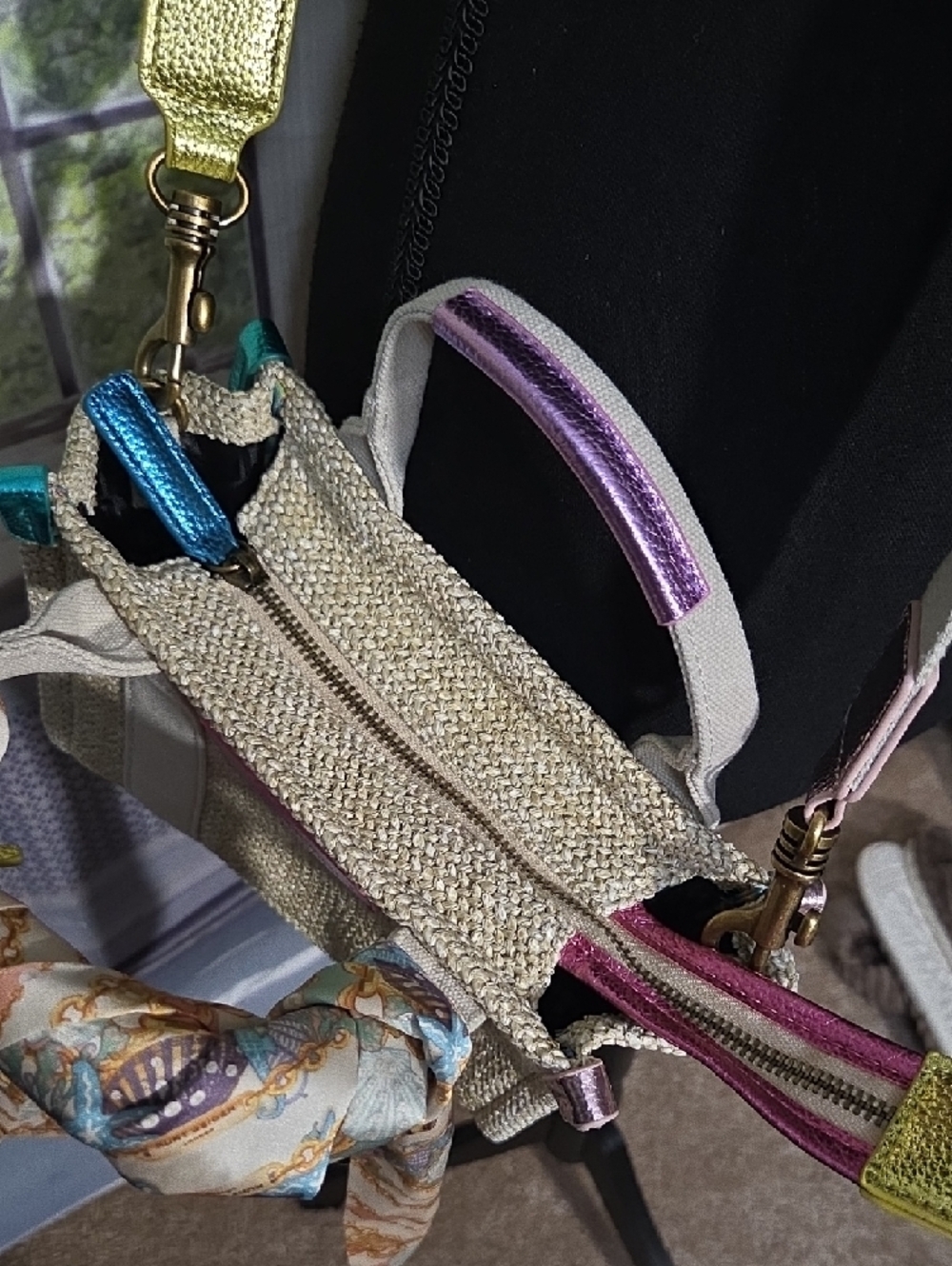 Kurt Geiger Cream Straw Mini Tote with Pink Metallic Logo and Gold Charm - Picture 7 of 8